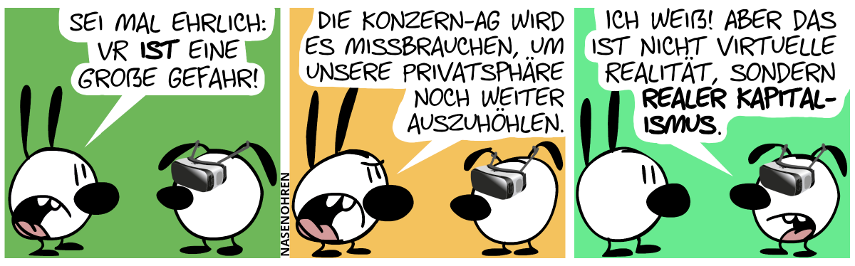 Eumel trägt eine VR-Brille. Mimi: „Sei mal ehrlich: VR ist eine große Gefahr!“ / „Die Konzern-AG wird es missbrauchen, um unsere Privatsphäre noch weiter auszuhöhlen.“ / Mimi: „Ich weiß! Aber das ist nicht virtuelle Realität, sondern realer Kapitalismus.“