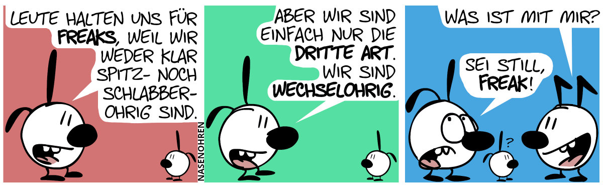 Ein Unbekannter mit einem Spitzohr und einem Schlabberohr spricht zu einem Kind mit gleichartigen Ohren: „Leute halten uns für Freaks, weil wir weder klar spitz- noch schlabberohrig sind.“ / „Aber wir sind einfach nur die dritte Art. Wir sind wechselohrig.“ / Eine zweite unbekannte Figur mit zwei Knickohren taucht auf: „Was ist mir mir?“. Der erste Unbekannte antwortet: „Sei still, Freak!“