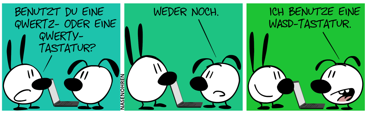 Mimi: „Benutzt du eine QWERTZ- oder eine QWERTY-Tastatur?“ Eumel: „Weder noch.“ / „Ich benutze eine WASD-Tastatur.“