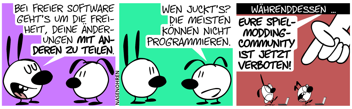 Mimi: „Bei freier Software geht’s um die Freiheit, deine Änderungen mit anderen zu teilen.“ / Eumel: „Wen juckt’s? Die meisten können nicht programmieren.“ / Währenddessen, während Poppi und Keno an ihren Laptops programmieren, taucht eine große Hand von oben auf und zeigt auf sie beide. „Eure Spiel-Modding-Community ist jetzt verboten!“