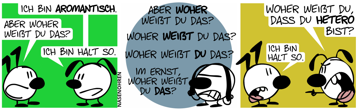 Eumel: „Ich bin aromantisch.“. Keno: „Aber woher weißt du das?“. Eumel: „Ich bin halt so.“ / Keno: „Aber woher weißt du das? Woher weißt du das? Woher weißt du das? Im Ernst, woher weißt du das?“. Eumel ist sehr genervt und zieht an ihren Ohren. / Eumel zeigt gereizt au Keno: „Woher weißt du, dass du hetero bist?“./ Keno: „Ich bin halt so.“