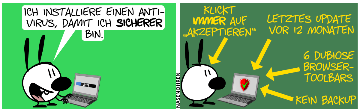 Mimi steht am Laptop: „Ich installiere einen Anti-Virus, damit ich sicherer bin.“ / Diverse Pfeile sind nun im Bild zu sehen. Ein Pfeil zeigt auf Mimi: „Klickt immer auf ‚akzeptieren‘“. Drei Pfeile zeigen auf dem Laptop: „Letztes Update vor 12 Monaten“, „6 dubiose Browser-Toolbars“, „Kein Backup“