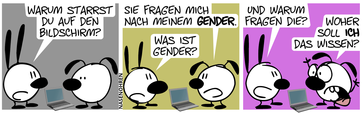 Eumel schaut auf einen Laptop. Mimi: „Warum starrst du auf den Bildschirm?“ / Eumel: „Sie fragen mich nach meinem Gender.“. Mimi: „Was ist Gender?“ / Mimi: „Und warum fragen die?“. Eumel wirft die Hände nach oben: „Woher soll ich das wissen?“