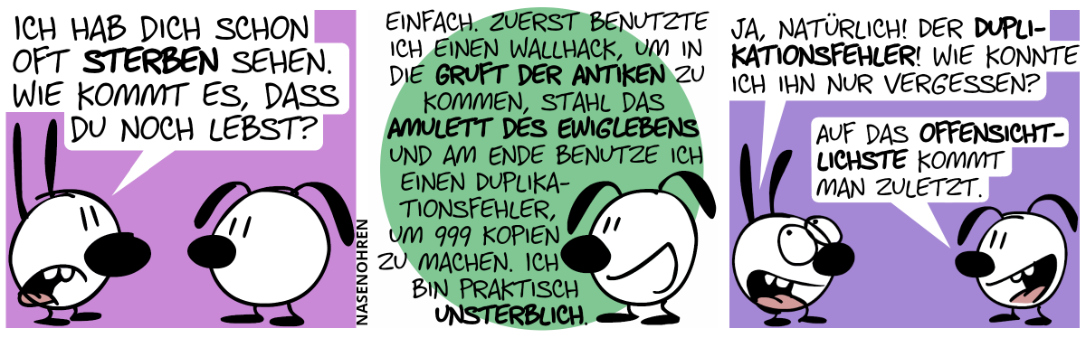 Mimi: „Ich hab dich schon oft sterben sehen. Wie kommt es, dass du noch lebst?“ / Eumel: „Einfach. Zuerst benutzte ich einen Wallhack, um in die Gruft der Antiken zu kommen, stahl das Amulett des Ewiglebens und am Ende benutzte ich einen Duplikationsfehler, um 999 Kopien zu machen. Ich bin praktisch unsterblich.“ / Mimi rollt mit den Augen: „Ja, natürlich! Der Duplikationsfehler! Wie konnte ich ihn nur vergessen?“. Eumel: „Auf das offensichtlichste kommt man zuletzt.“