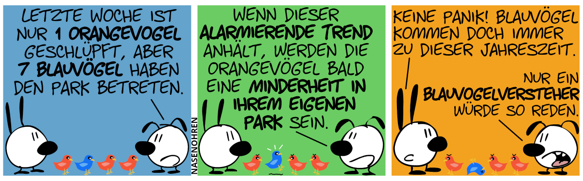 Mimi, Eumel, 3 Orangevögel und 1 Blauvogel sind im Bild. Die Vögel blicken Eumel an. Eumel: „Letzte Woche ist nur 1 Orangevogel geschlüpft, aber 7 Blauvögel haben den Park betreten.“ / Eumel: „Wenn dieser alarmierende Trend anhält, werden die Orangevögel bald eine Minderheit in ihrem eigenen Park sein.“. Der Blauvogel erschreckt sich, während sich die Orangevögel gereizt zu ihm hindrehen. / Mimi: „Keine Panik! Blauvögel kommen doch immer zu dieser Jahreszeit.“. Eumel: „Nur ein Blauvogelversteher würde so reden.“ Der Blauvogel ist tot und die 3 Orangevögel sehen nun Mimi böse an.