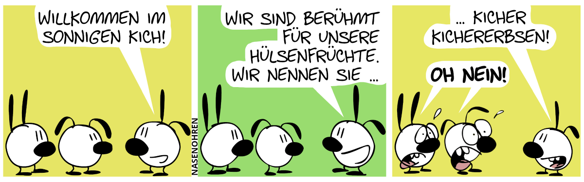 Poppi sagt zu Mimi und Eumel: „Willkommen im sonnigen Kich!“ / Poppi: „Wir sind berühmt für unsere Hülsenfrüchte. Wir nennen sie …“ / Poppi: „… Kicher Kichererbsen!“. Mimi und Eumel schreien entsetzt „Oh nein!“.