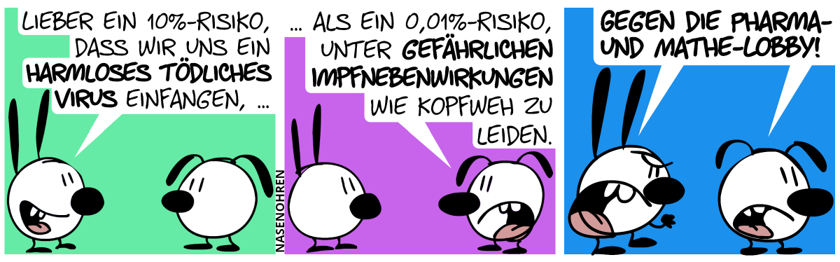 Mimi: „Lieber ein 10%-Risiko, dass wir uns ein harmloses tödliches Virus einfangen, …“ / Eumel: „… als ein 0,01%-Risiko, unter gefährlichen Impfnebenwirkungen wie Kopfweh zu leiden.“ / Mimi und Eumel brüllen: „Gegen die Pharma- und Mathe-Lobby!“