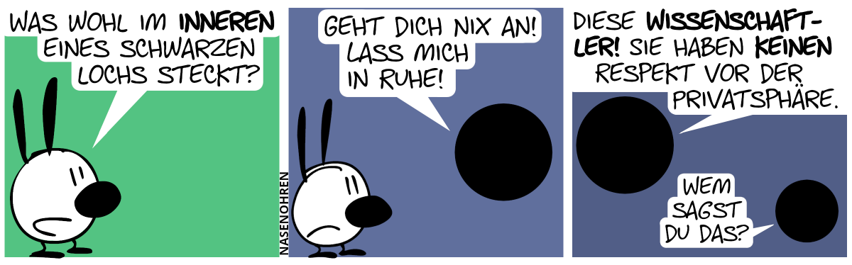 Mimi fragt sich: „Was wohl im Inneren eines schwarzen Lochs steckt?“ / Ein schwarzes Loch taucht auf und sagt: „Geht dich nix an! Lass mich in Ruhe!“ / Mimi ist verschwunden. Das erste schwarze Loch sagt zu einem anderen schwarzen Loch: „Diese Wissenschaftler! Sie haben keinen Respekt vor der Privatsphäre.“. Das andere schwarze Loch antwortet: „Wem sagst du das?“