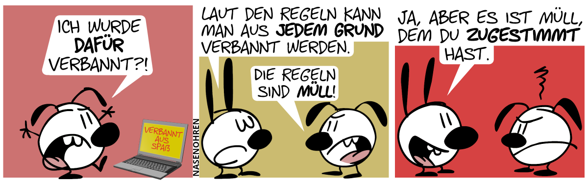 Eumel steht genervt vor einem Laptop. „Ich wurde dafür verbannt?!“ / Mimi: „Laut den Regeln kann man aus jedem Grund verbannt werden.“. Eumel: „Die Regeln sind Müll!“ / Mimi: „Ja, aber es ist Müll, dem du zugestimmt hast.“. Eumel ist stinkig.