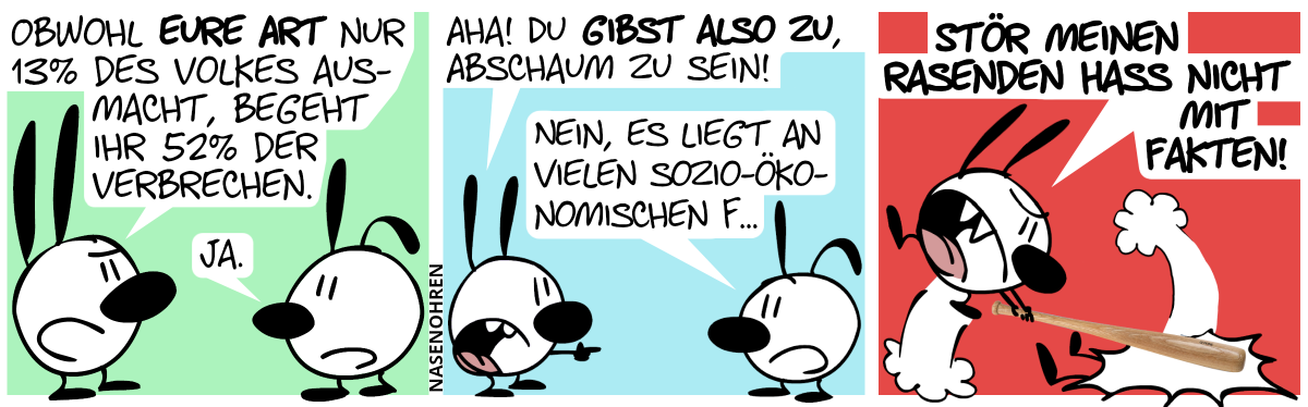 Mimi: „Obwohl eure Art nur 13% des Volkes ausmacht, begeht ihr 52% der Verbrechen.“. Poppi: „Ja.“ / Mimi zeigt auf Poppi: „Aha! Du gibst also zu, Abschaum zu sein!“. Poppi: „Nein, es liegt an vielen sozio-ökonomischen F…“ / Mimi erschlägt Poppi mit einem Baseballschläger. Mimi schreit: „Stör meinen rasenden Hass nicht mit Fakten!“