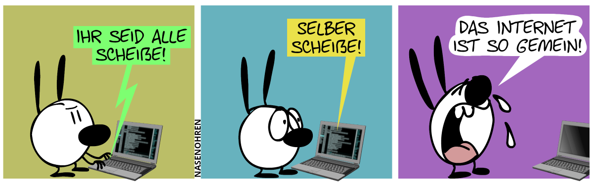 Mimi schreibt auf dem Laptop: „Ihr seid alle scheiße!“ / Die Antwort folgt prompt: „Selber scheiße!“ / Mimi weint: „Das Internet ist so gemein!“