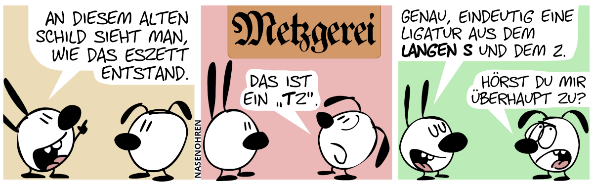 Mimi zeigt nach oben: „An diesem alten Schild sieht man, wie das Eszett entstand.“. Ein Schild taucht auf, auf dem in deutscher Frakturschrift das Wort „Metzgerei“ zu sehen ist. Eumel blickt zum Schild und sagt: „Das ist ein ‚tz‘.“. / Mimi macht einen besserwisserischen Blick, sagt: „Genau, eindeutig eine Ligatur aus dem langen S und dem Z.“ / Eumel verdreht die Augen: „Hörst du mir überhaupt zu?“