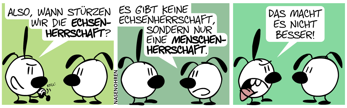 Poppi krempelt die Ärmel hoch. Poppi: „Also, wann stürzen wir die Echsenherrschaft?“ / Eumel: „Es gibt keine Echsenherrschaft, sondern nur eine Menschenherrschaft.“ / Poppi (gereizt): „Das macht es nicht besser!“