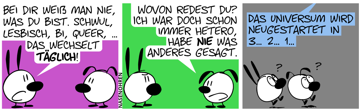 Mimi: „Bei dir weiß man nie, was du bist. Schwul, lesbisch, queer, … Das wechselt täglich!“ / Eumel: „Wovon redest du? Ich war doch schon immer hetero, habe nie was anderes gesagt.“ / Eine Stimme ertönt aus dem Off und Mimi und Eumel erschrecken verwirrt: „Das Universum wird neugestartet in 3… 2… 1…“