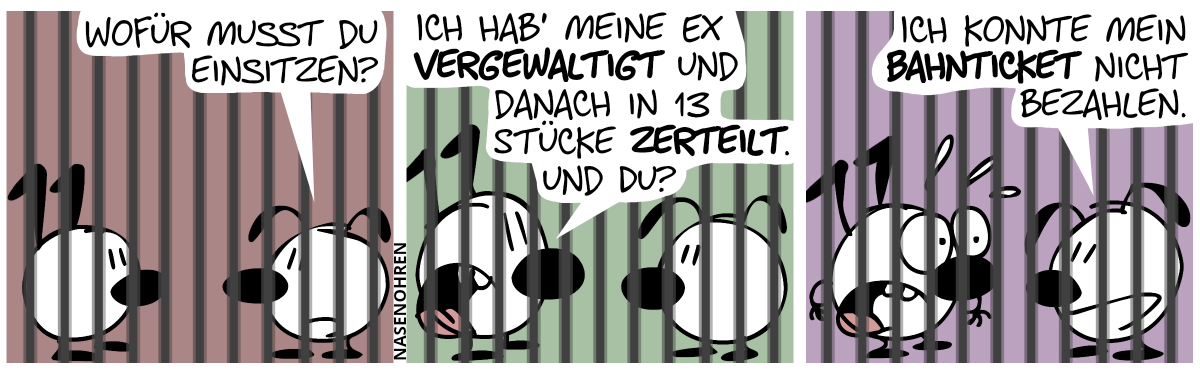 Keno und Eumel sitzen hinter Gittern. Eumel: „Wofür musst du einsitzen?“ / Keno: „Ich hab’ meine Ex vergewaltigt und danach in 13 Stücke zerteilt. Und du?“ / Eumel: „Ich konnte mein Bahnticket nicht bezahlen.“