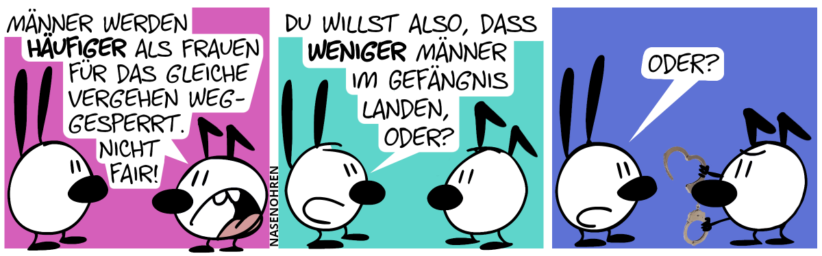 Keno sagt zu Mimi: „Männer werden häufiger als Frauen für das gleiche Vergehen weggesperrt. Nicht fair!“ / Mimi: „Du willst also, dass weniger Männer im Gefängnis landen, oder?“ / Mimi: „Oder?“. Keno holt die Handschellen raus.