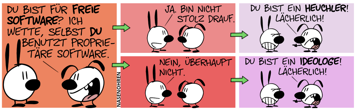 Eumel: „Du bist für freie Software? Ich wette, selbst du benutzt proprietäre Software.“ / Das Universum teilt sich in zwei Realitäten auf. / In der ersten Realität: Mimi antwortet: „Ja. bin nicht stolz drauf.“ / Eumel: „Du bist ein Heuchler! Lächerlich!“ / Währenddessen, in der zweiten Realität: Mimi sagt: „Nein, überhaupt nicht.“ / Eumel: „Du bist ein Ideologe. Lächerlich!“