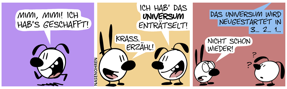 Eumel rennt alleine und ruft begeistert: „Mimi, Mimi! Ich hab’s geschafft!“ / Eumel trifft Mimi. Eumel: „Ich hab’ das Universum enträtselt!“. Mimi: „Krass. Erzähl!“ / Eine Stimme auf dem Off sagt: „Das Universum wird neugestartet in 3… 2… 1…“. Eumel guckt verwirrt. Mimi sagt genervt: „Nicht schon wieder!“