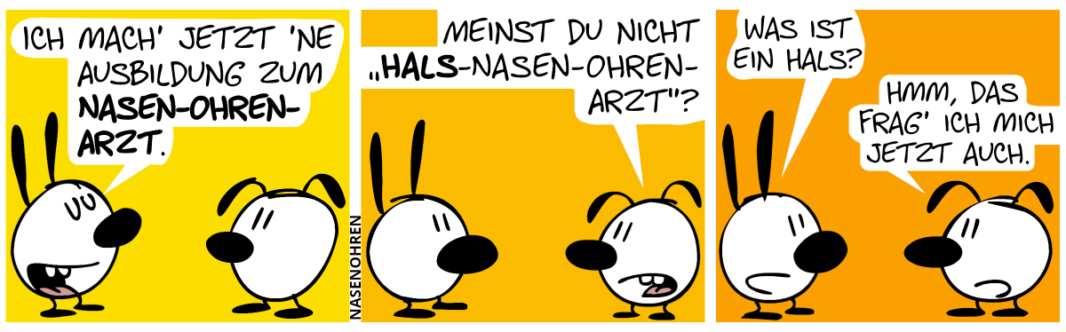 Mimi sagt stolz: „Ich mach’ jetzt ’ne Ausbildung zum Nasen-Ohren-Arzt.“ / Eumel: „Meinst du nicht ‚Hals-Nasen-Ohren-Arzt‘?“ / Mimi: „Was ist ein Hals?“. Eumel: „Hmm, das frag’ ich mich jetzt auch.“