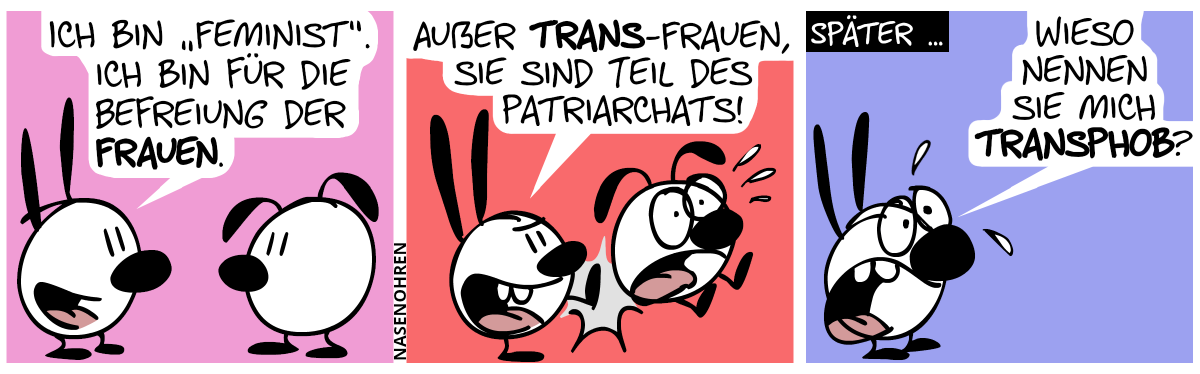 Mimi: „Ich bin ‚Feminist‘. Ich bin für die Befreiung der Frauen.“ / „Außer Trans-Frauen, sie sind Teil des Patriarchats!“. Mimi kickt Eumel weg. / Später … Mimi weint: „Wieso nennen sie mich transphob?“