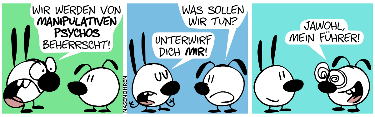 Mimi: „Wir werden von manipulativen Psychos regiert!“ / Eumel: „Was sollen wir tun?“. Mimi: „Unterwirf dich mir!“ / Eumel hat plötzlich Hypnoaugen und grinst und sagt: „Jawohl, mein Führer!“