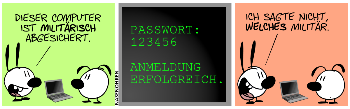 Ein Laptop liegt auf dem Boden. Mimi: „Dieser Computer ist militärisch abgesichert.“ / Der Bildschirm des Laptops wird sichtbar. Er zeigt: „PASSWORT: 123456; ANMELDUNG ERFOLGREICH.“ / Mimi: „Ich sagte nicht, welches Militär.“