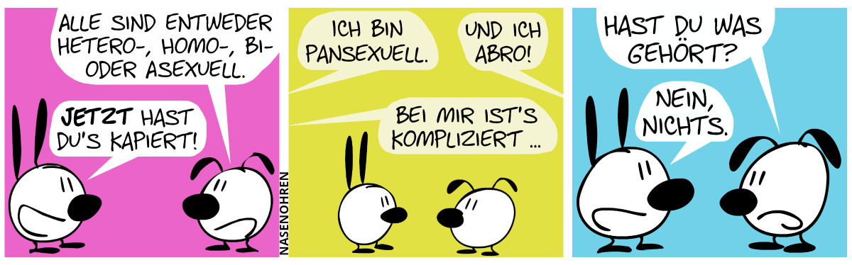 Eumel: „Alle sind entweder hetero-, homo-, bi- oder asexuell.“. Mimi: „Jetzt hast du’s kapiert!“ / Mehrere Stimmen aus dem Off ertönen: „Ich bin pansexuell.“, „Und ich abro!“, „Bei mir ist’s kompliziert …“ / Eumel: „Hast du was gehört?“. Mimi: „Nein, nichts.“