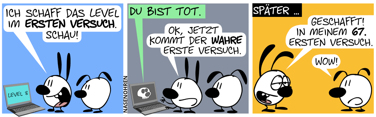 Mimi steht vor dem Laptop. Auf dem Bildschirm steht „Level 8“. Eumel guckt zu. Mimi sagt begeistert: „Ich schaff das Level im ersten Versuch. Schau!“ / Auf dem Bildschirm erscheint ein Totenkopf. Der Computer sagt: „Du bist tot.“. Mimi sagt: „OK, jetzt kommt der wahre erste Versuch.“ / Später … Mimi blickt zu Eumel und sagt mit erschöpften Augen, aber lächelnd: „Geschafft! In meinem 67. ersten Versuch.“. Eumel sagt emotionslos: „Wow!“