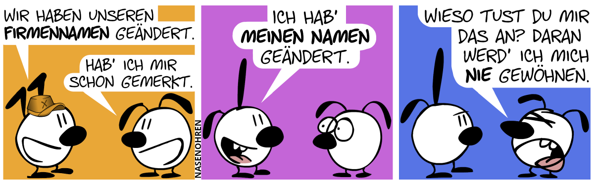 Keno trägt eine orange Mütze mit dem Buchstaben „X“ drauf. Keno sagt zu Eumel: „Wir haben unseren Firmennamen geändert.“. Eumel: „Hab’ ich mir schon gemerkt.“ / Vor Eumel steht jemand anderes, mit einem Spitzohr und einem Schlabberohr. Diese Person sagt: „Ich hab’ meinen Namen geändert.“ / Eumel protestiert: „Wieso tust du mir das an? Daran werd’ ich mich nie gewöhnen.“