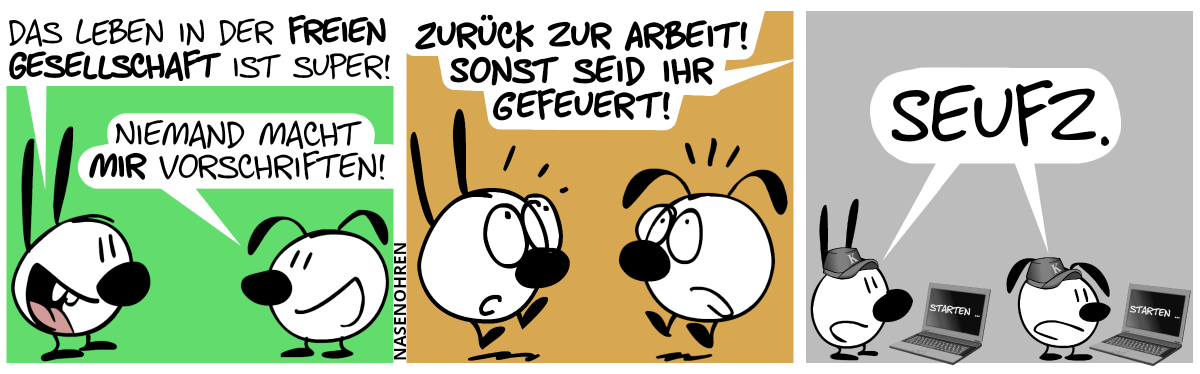 Mimi und Eumel lächeln. Mimi: „Das Leben in der freien Gesellschaft ist super!“. Eumel: „Niemand macht mir Vorschriften!“ / Eine Stimme aus dem Off brüllt: „Zurück zur Arbeit! Sonst seid ihr gefeuert!“. Mimi und Eumel schrecken hoch. / Jetzt stehen Mimi und Eumel motivationslos vor Laptops, auf deren Bildschirm „Starten …“ steht. Sie tragen graue Mützen mit dem Buchstaben „K“ drauf. Mimi und Eumel: „Seufz.“