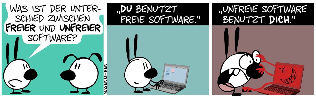 Mimi fragt Eumel: „Was ist der Unterschied zwischen freier und unfreier Software?“ / Mimi ist nun alleine. Die Antwort: „Du benutzt freie Software.“. Mimi ist alleine zu sehen, wie sie am Laptop auf der Tastatur tippt. / Die Antwort geht weiter: „Unfreie Software benutzt dich.“. Der Laptop färbt sich rot und auf dem Bildschirm ist ein böser Smiley aufgetaucht. Aus dem roten Bildschirm ragen drei rote Hände an Mimis rechtes Auge, das rechte Bein und die Nase heran. Mimi ist sichtlich verstört.