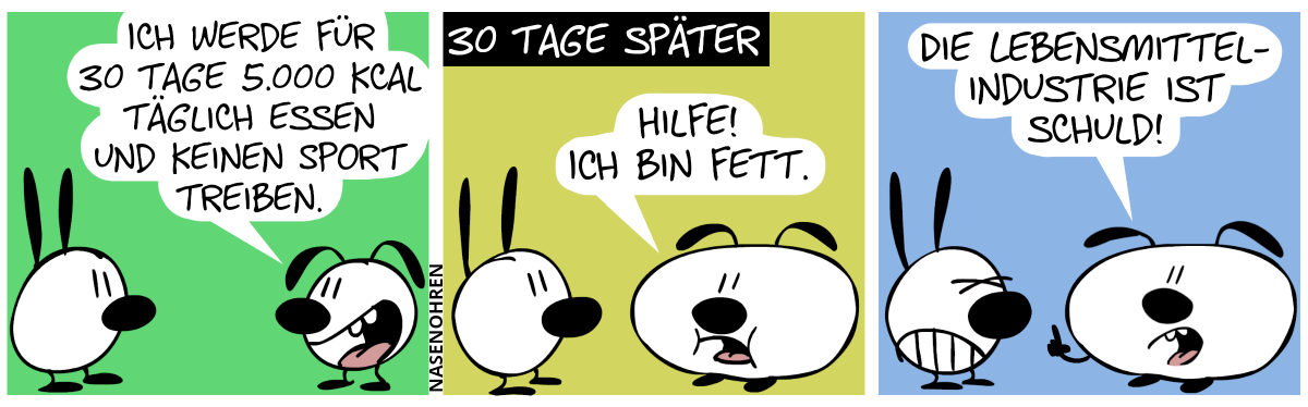 Eumel sagt zu Mimi: „Ich werde für 30 Tage 5.000 kcal täglich essen und keinen Sport treiben.“ / 30 Tage später. Eumel ist fett geworden. Eumel: „Hilfe! Ich bin fett!“ / Eumel: „Die Lebensmittelindustrie ist schuld!“. Mimi ist genervt.