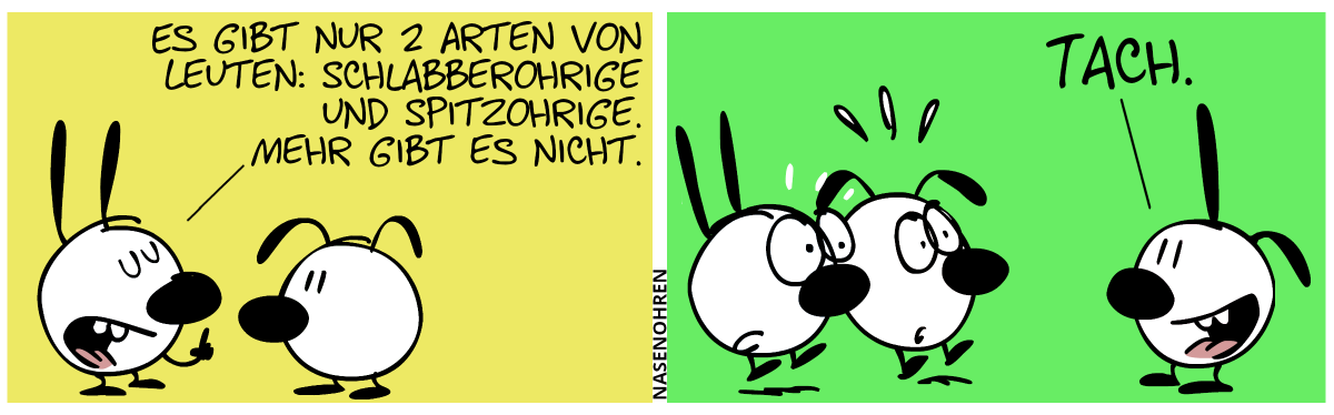 Mimi: „Es gibt nur 2 Arten von Leuten: Schlabberohrige und Spitzohrige. Mehr gibt es nicht.“ / Plötzlich blicken Mimi und Eumel erschrocken drein. Denn eine dritte Figur ist aus dem Nichts aufgetaucht und sagt „Tach.“. Sie hat sowohl ein Spitzohr als auch ein Schlabberohr.