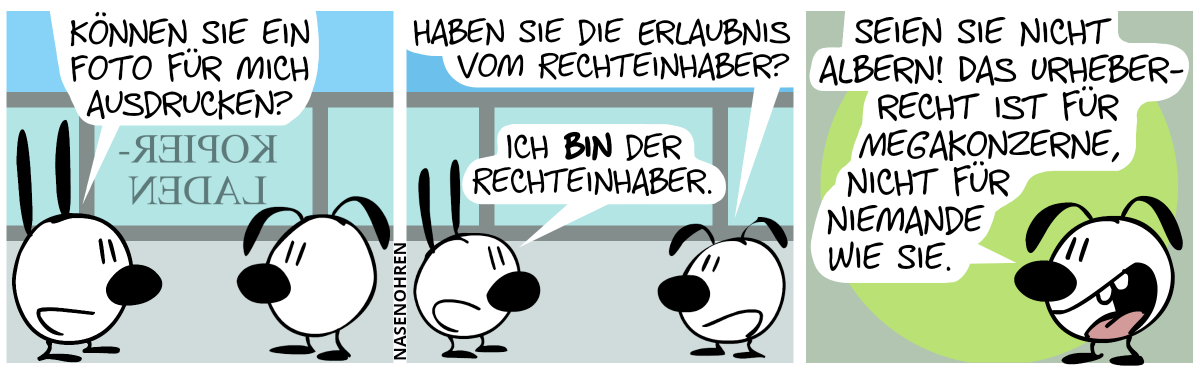 Im Hintergrund ist ein Fenster mit dem Text „KOPIER-LADEN“. Mimi sagt zu Eumel: „Können Sie ein Foto für ich ausdrucken?“ / Eumel: „Haben Sie die Erlaubnis vom Rechteinhaber?“. Mimi: „Ich bin der Rechteinhaber.“ / Eumel spottet: „Seien Sie nicht albern! Das Urheberrecht ist für Megakonzerne, nicht für Niemande wie Sie.“