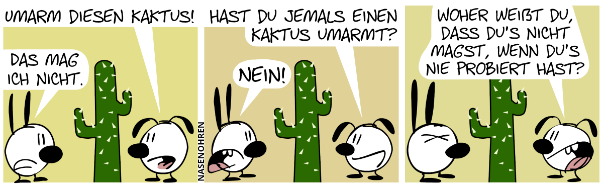 Mimi und Eumel stehen vor einem großen Kaktus. Eumel: „Umarm diesen Kaktus!“. Mimi: „Das mag ich nicht.“ / Eumel: „Hast du jemals einen Kaktus umarmt?“. Mimi: „Nein!“ / Eumel: „Woher weißt du, dass du’s nicht magst, wenn du’s nie probiert hast?“. Mimi ist genervt.