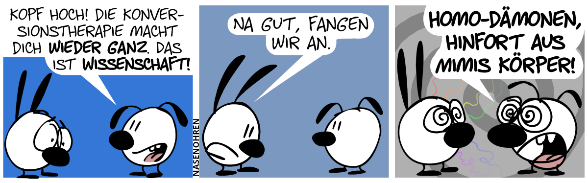 Mimi ist traurig. Eumel: „Kopf hoch! Die Konversionstherapie macht dich wieder ganz. Das ist Wissenschaft!“ / Mimi: „Na gut, fangen wir an.“ / Eumel macht plötzlich einen hynotischen Blick und hypnotisiert Mimi. Eumel sagt: „Homo-Dämonen, hinfort aus Mimis Körper!“. Regenbogenfarbene Etwasse strahlen aus Mimi ab.