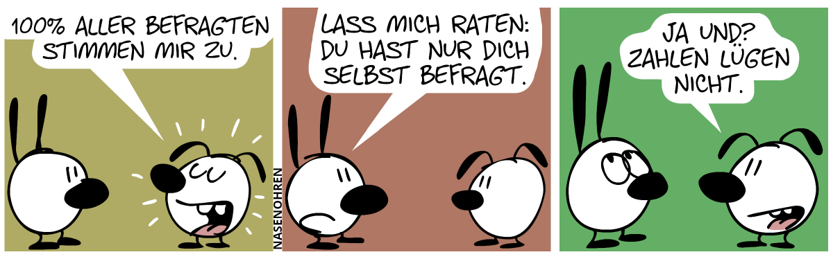 Eumel verkündet stolz: „100% aller Befragten stimmen mir zu.“ / Mimi: „Lass mich raten: Du hast nur dich selbst befragt.“ / Eumel: „Ja und? Zahlen lügen nicht.“. Mimi rollt mit seinen Augen.