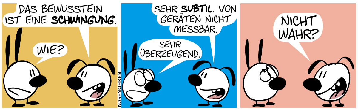 Eumel: „Das Bewusstsein ist eine Schwingung.“ / Mimi: „Wie?“ / Eumel: „Sehr subtil. Von Geräten nicht messbar.“. Mimi verdreht die Augen. Mimi sagt sarkastisch: „Sehr überzeugend.“ / Eumel freut sich. Eumel: „Nicht wahr?“. Mimi verdreht die Augen noch mehr.