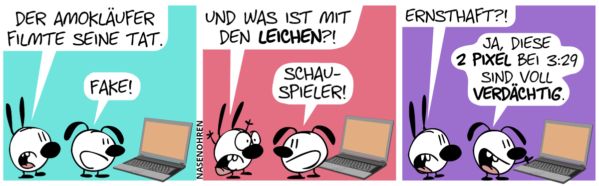 Mimi und Eumel stehen vorm Laptop. Mimi: „Der Amokläufer filmte seine Tat.“. Eumel: „Fake!“ / Mimi wirft die Arme in die Luft. Mimi: „Und was ist mit den Leichen?!“. Eumel: „Schauspieler!“ / Mimi: „Ernsthaft?!“. Eumel zeigt auf dem Laptop. Eumel: „Ja, diese 2 Pixel bei 3:29 sind voll verdächtig.“