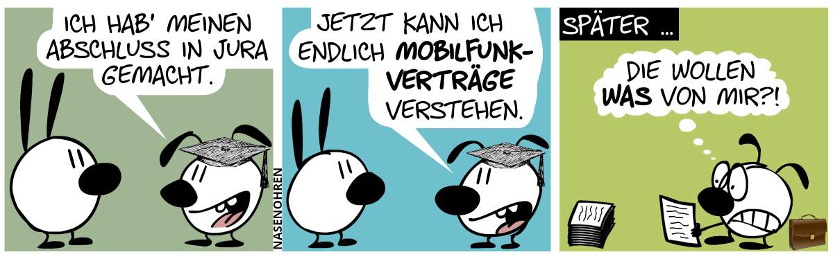 Eumel trägt den Hut, den man beim Abschluss eines Studiengangs trägt. Eumel sagt stolz zu Mimi: „Ich hab’ meinen Abschluss in Jura gemacht.“. / Eumel: „Jetzt kann ich endlich Mobilfunkverträge verstehen.“ / Später … Eumel ist alleine mit einem Aktenkoffer und einem Stapel Papier. Eumel liest ein Blatt Papier und guckt entsetzt. Eumel denkt: „Die wollen WAS von mir?!“