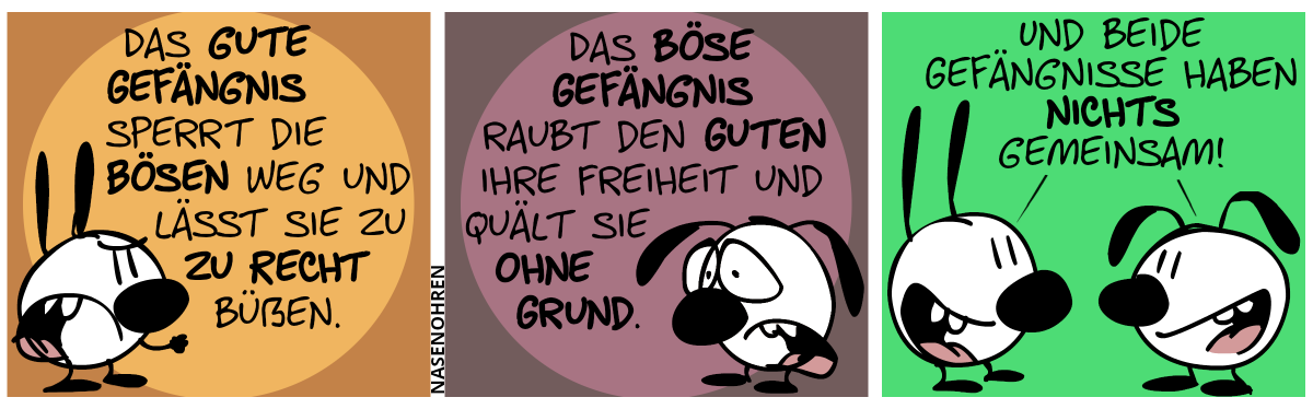 Mimi sagt wütend: „Das gute Gefängnis sperrt die Bösen weg und lässt sie zu Recht büßen.“ / Eumel sagt traurig: „Das böse Gefängnis raubt den Guten ihre Freiheit und quält sie ohne Grund.“ / Mimi und Eumel sagen zusammen mit Freude: „Und beide Gefängnisse haben nichts gemeinsam!“