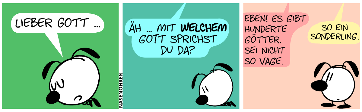 Eumel betet und sagt: „Lieber Gott …“ / Aus dem Himmel ertönt eine Stimme: „Äh … Mit welchem Gott sprichst du da?“. / Eine andere Stimme aus dem Himmel sagt: „Eben! Es gibt hunderte Götter. Sei nicht so vage.“. Eine dritte Stimme aus dem Himmel sagt: „So ein Sonderling.“