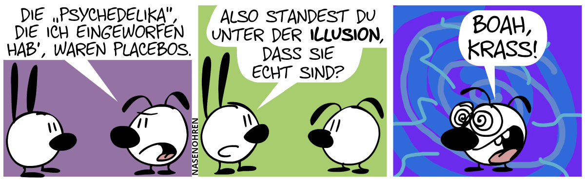 Eumel: „Die ‚Psychedelika‘, die ich eingeworfen hab’, waren Placebos.“ / Mimi: „Also standest du unter der Illusion, dass sie echt sind?“ / Eumel hat plötzlich einen krassen Trip, die Augen verwandeln sich – wie der Hintergrund – zu Spiralen und sie sagt euphorisch: „Boah, krass!“