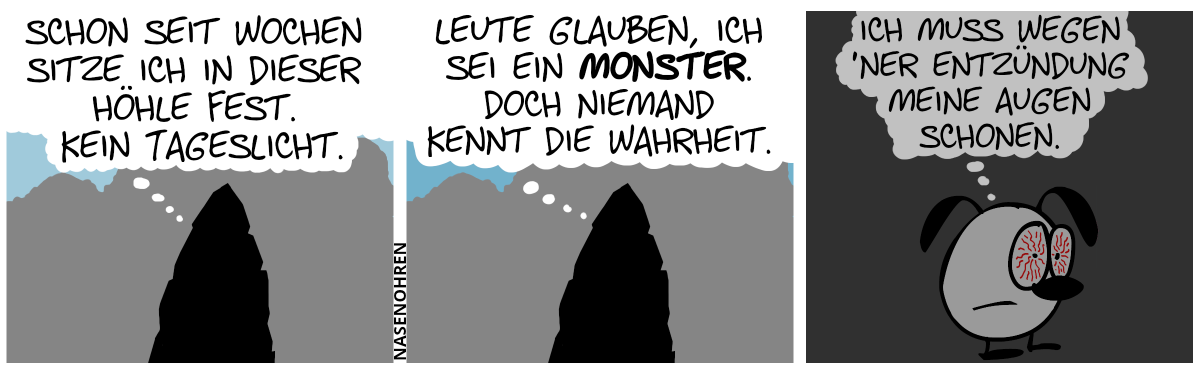 Ein Höhleneingang wird abgebildet. Aus dem Höhleneingang denkt jemand: „Schon seit Wochen sitze ich in dieser Höhle fest. Kein Tageslicht.“ / „Leute glauben, ich sei ein Monster. Doch niemand kennt die Wahrheit.“ / Eumel wird in der Dunkelheit sichtbar, mit blutunterlaufen Augen. Eumel denkt: „Ich muss wegen ’ner Entzündung meine Augen schonen.“