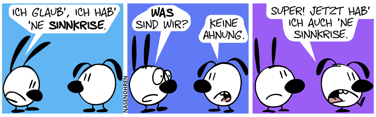 Mimi ist niedergeschlagen. Mimi: „Ich glaub’, ich hab’ ’ne Sinnkrise.“ / Mimi: „Was sind wir?“. Eumel: „Keine Ahnung.“ / Eumel dreht sich um und geht genervt weg. Eumel: „Super! Jetzt hab’ ich auch ’ne Sinnkrise.“. Mimi macht ein trauriges Gesicht.