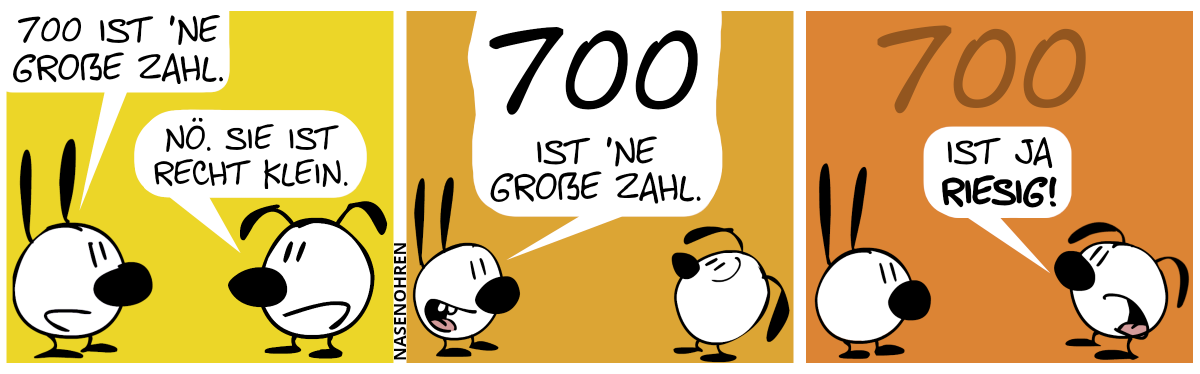 Mimi sagt: „700 ist eine große Zahl.“. Eumel: „Nö. Sie ist recht klein.“ / Mimi sagt erneut: „700 ist eine große Zahl.“, wobei die Zahl 700 diesmal sehr groß geschrieben wurde. Eumel guckt nach oben zur Sprechblase. / Die 700 verblasst im Hintergrund, während sich Eumel sie sich immer noch anguckt. Eumel: „Ist ja riesig!“