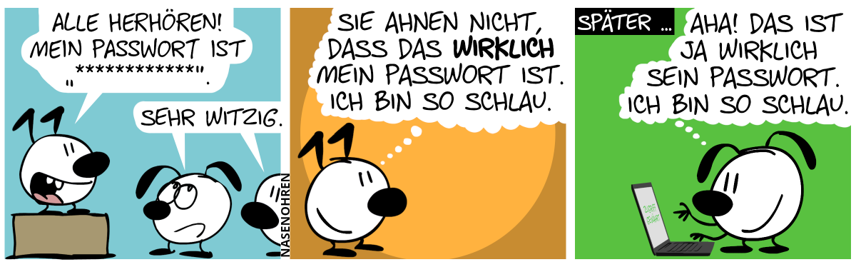 Keno steht auf einer Kiste und spricht zu einem Publikum: Eumel und jemand anderes. Keno: „Alle herhören! Mein Passwort ist ‚************‘.“. Eumel und die andere Person sagen sarkastisch: „Sehr witzig.“ / Keno ist jetzt alleine. Keno denkt: „Sie ahnen nicht, dass das wirklich mein Passwort ist. Ich bin so schlau.“ / Später … Eumel steht alleine vor einem Laptop. Eumel denkt: „Aha! Das ist ja wirklich sein Passwort. Ich bin so schlau.“. Auf dem Bildschirm steht „Zugriff gewährt“.