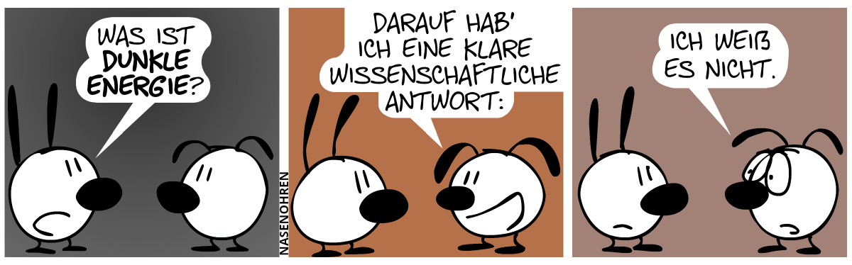 Mimi: „Was ist dunkle Energie?“ / Eumel: „Darauf hab’ ich eine klare wissenschaftliche Antwort:“ / Eumel: „Ich weiß es nicht.“