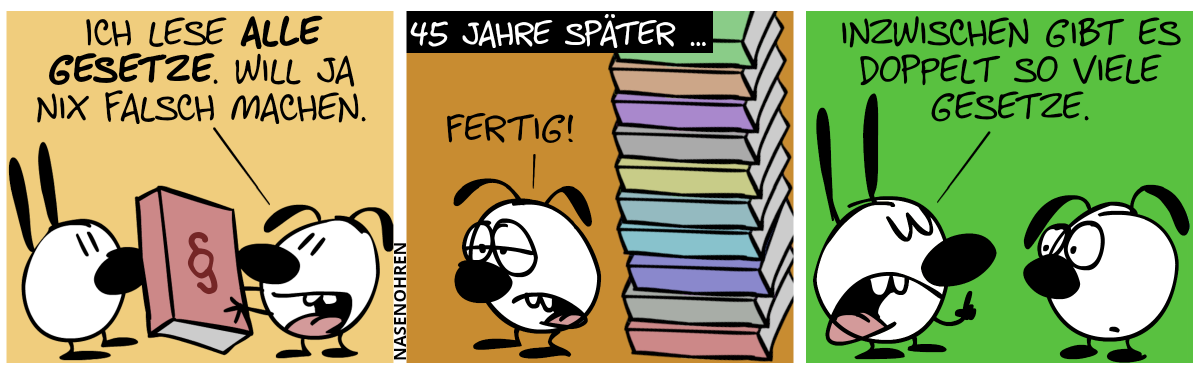 Eumel hält ein großes Buch, auf dem sich ein Paragraphenzeichen auf dem Umschlag befindet. Eumel sagt zu Mimi: “Ich lese alle Gesetze. Will ja nix falsch machen.“ / 45 Jahre später … Hinter Eumel ist ein großer Turm aus Büchern. Eumel sagt erschöpft: „Fertig!“ / Mimi sagt zu Eumel: „Inzwischen gibt es doppelt so viele Gesetze.“