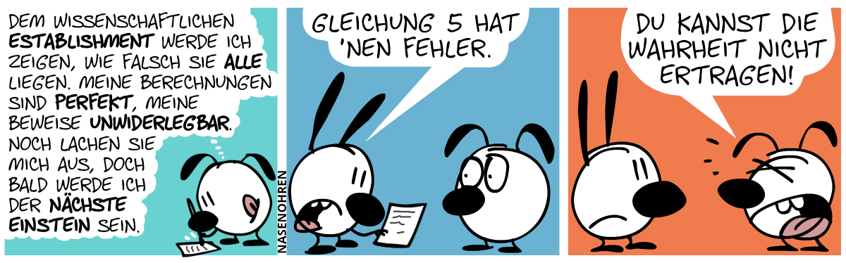 Eumel schreibt auf einem Blatt Papier und denkt: „Dem wissenschaftlichen Establishment werde ich zeigen, wie falsch sie alle liegen. Meine Berechnungen sind perfekt, meine Beweise unwiderlegbar. Noch lachen sie mich aus, doch bald werde ich der nächste Einstein sein.“ / Mimi hält das Schriftstück in der Hand und sagt Eumel: „Gleichung 5 hat ’nen Fehler.“ / Eumel schreit Mimi an: „Du kannst die Wahrheit nicht ertragen!“